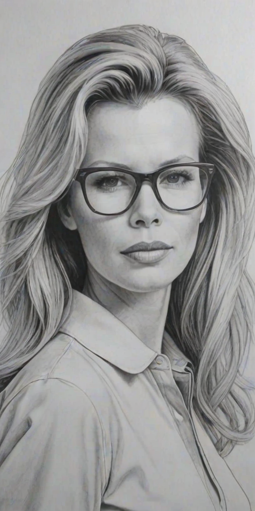 Enticing Kim Basinger, pencil sketch, portrait of Lovely woman 1965s in glasses, hair style beatnik, outline, clear lines, fine lines, 8k