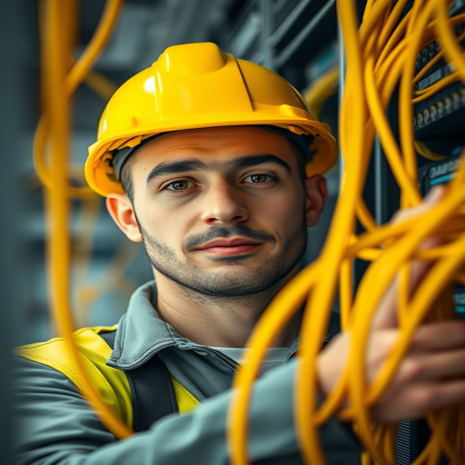 Regenerate a close-up portrait of a male electrical technician wearing a yellow hard hat, working with yellow wires in a well-lit server room, using a DSLR camera with a 50mm lens at f/1.8, ISO 100, 1/200s shutter speed, and a warm color tone for enhanced focus and clarity.