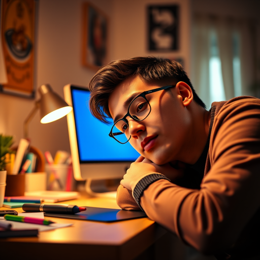 a young man with glasses resting his head on a desk in a cozy room with warm lighting, computer with a serene blue screen, colorful desk items scattered around, capture with a Canon EOS R5, 85mm lens, f/1.8 aperture, ISO 200, soft focus background for depth, warm tones and high contrast to enhance the atmosphere