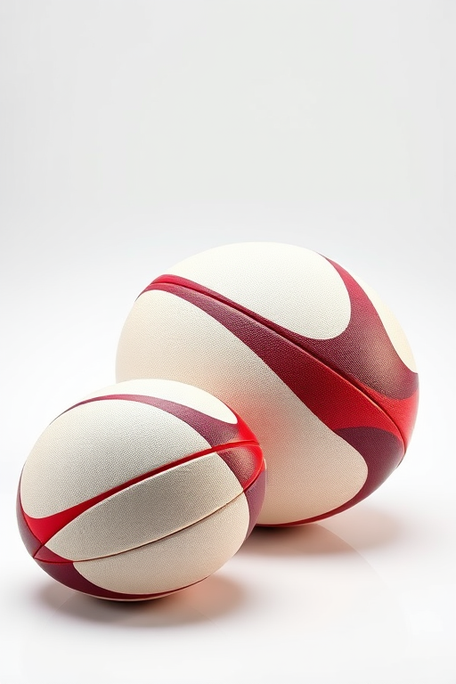 Create a high-resolution image of two rugby balls, one larger and one smaller, with a glossy finish, showcasing vibrant colors and clear details, captured with a DSLR camera at f/4 aperture, ISO 100, 50mm lens, in a well-lit studio setting for optimal clarity and sharpness.