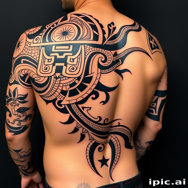 Fierce neo-polynesian tribal tattoo with bold black lines and intricate patterns, incorporating traditional symbols and modern elements, flowing from shoulder to hip in a powerful display