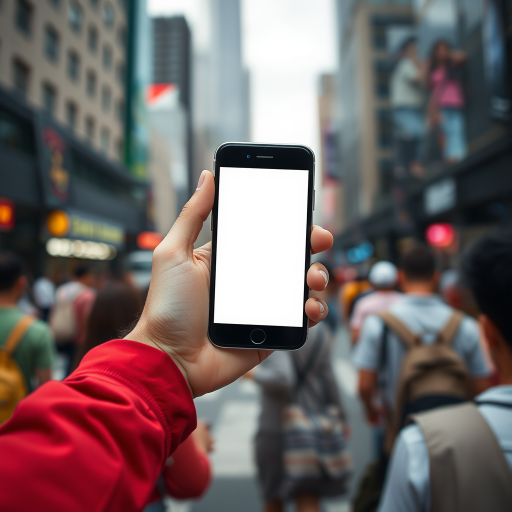 Create an image of a person holding a smartphone with a blank screen, in a busy urban environment, shot with a DSLR camera, 50mm lens, aperture set to f/2.8, ISO 200, and a shallow depth of field to blur the background, capturing a vibrant atmosphere of movement.