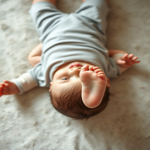regenerate an image of a baby lying on their back playing with their feet, use a shallow depth of field, 50mm lens, aperture f/1.8, 1/200 sec shutter speed, natural light, top-down view, soft focus, digital DSLR camera for enhanced image quality