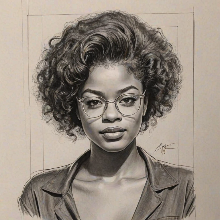 Gorgeous Ari Lennox, pencil sketch, portrait of Comely woman 1946s in glasses, hair style beatnik, outline, clear lines, fine lines, 8k