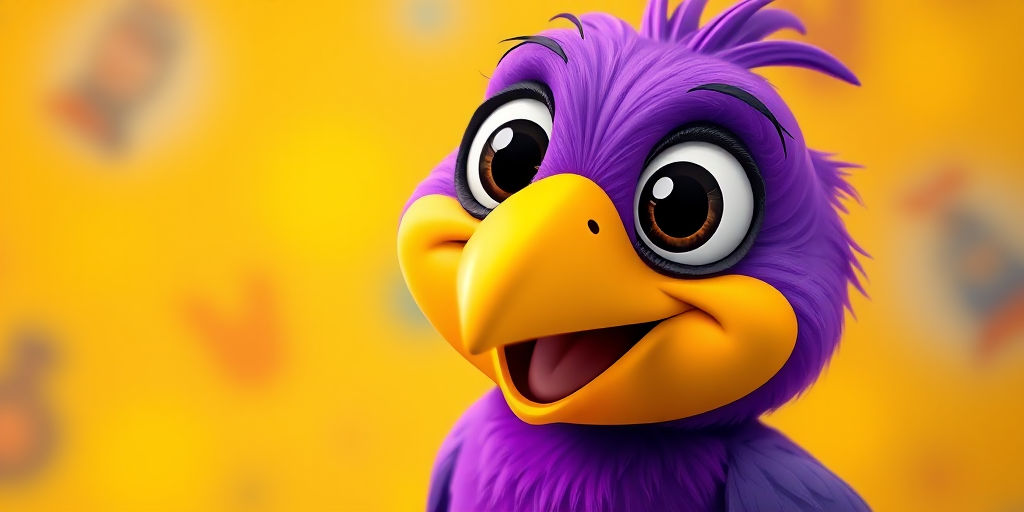 Create a colorful cartoon-style image of a purple bird with a large yellow beak, big round eyes, and a cheerful smile, shot with a DSLR camera at 50mm, f/2.8 aperture, ISO 100, daylight settings, with a vivid background to enhance contrast and clarity.