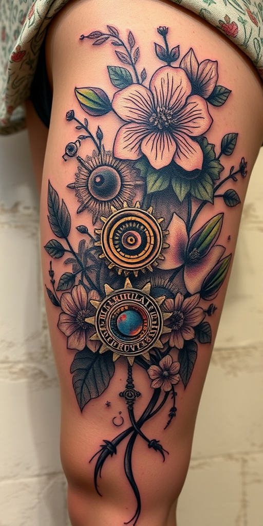 Surrealist body tattoo blending elements of nature and technology on the thigh, featuring biomechanical gears merging with organic flowers in a steampunk-inspired style