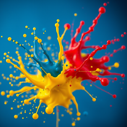 Create a vibrant splash of blue, yellow, and red paint in high resolution with a shallow depth of field, studio lighting, using a Canon EOS R5 with a 50mm lens at f/2.8, ISO 100, and 1/200 sec shutter speed.
