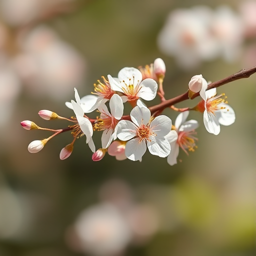 Generate a high-resolution image of a delicate floral branch with white and soft pink flowers on a transparent background, captured with a Canon EOS R5 at f/2.8 with a 100mm lens, in soft natural lighting, using a macro photography style for enhanced detail and clarity.