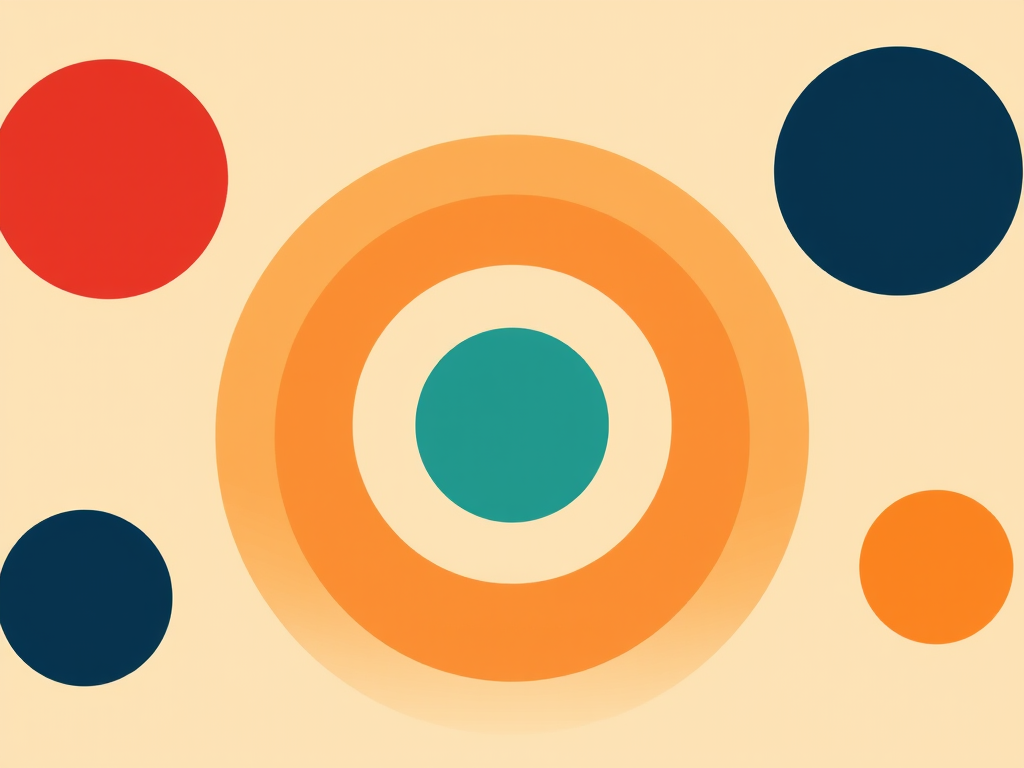 create a vector-style illustration of concentric circles in warm tones including red, orange, teal, and navy blue on a beige background, shot with a Canon EOS R, 50mm lens, aperture f/2.8, ISO 100, natural lighting, focus on color gradients and smooth edges.