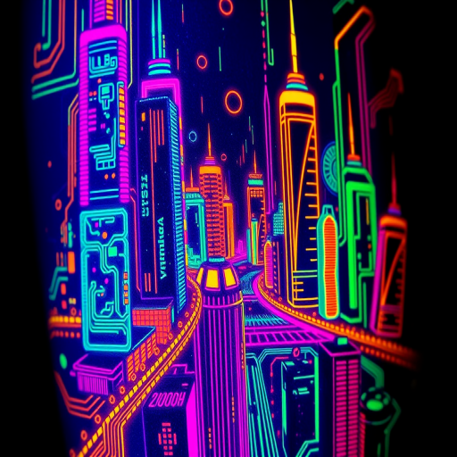 Cyberpunk neon tattoo depicting a futuristic cityscape with glowing circuit board patterns, rendered in vibrant fluorescent inks for a mesmerizing effect under blacklight