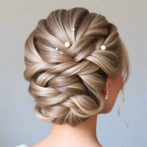 Elegant ash blonde updo known as "Moonlit Sonata" features a complex system of twists and knots, accented with delicate pearl pins and wispy, face-framing tendrils