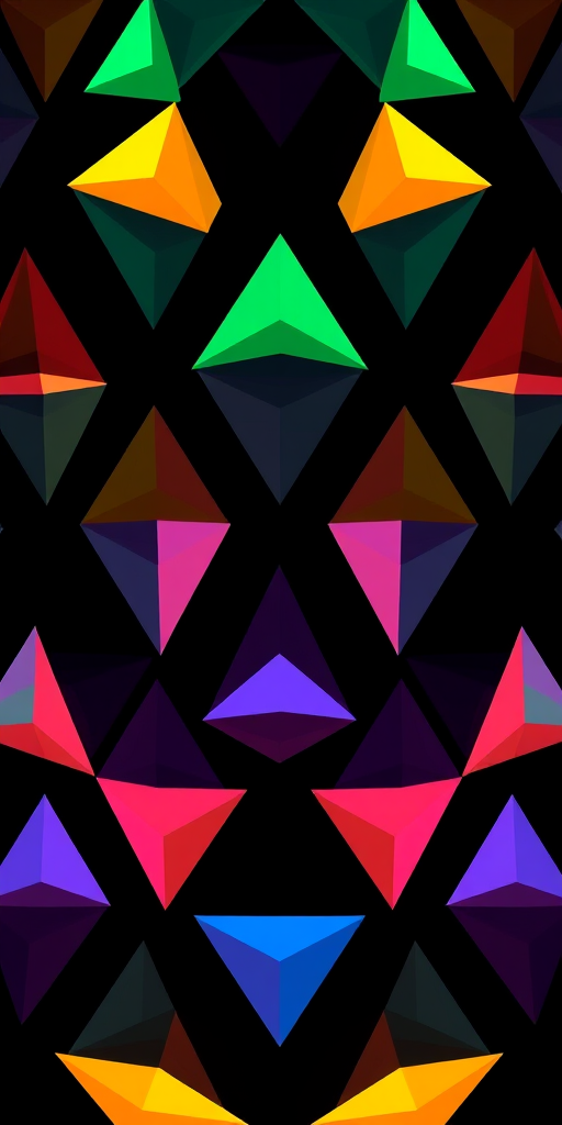 Create a high-resolution image of a colorful geometric pattern featuring vibrant triangles on a black background, using a DSLR camera with a 50mm lens, f/1.8 aperture, ISO 100, and a HDR view for enhanced detail and color vibrancy.