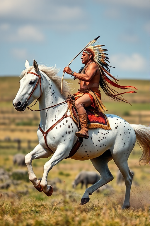 Generate an image of a Native American warrior on a white speckled horse, full body, riding at a gallop with a bow in hand, shot with a DSLR camera at 50mm focal length, aperture f/2.8, ISO 100, in natural light with a shallow depth of field.