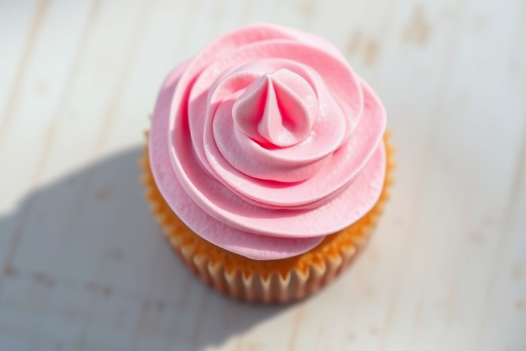 A realistic digital illustration of a cupcake with pink swirled frosting, captured using a Canon EOS R5 camera, 50mm lens, f/2.8 aperture, ISO 100, in soft natural light, top-down view for enhanced detail and texture.
