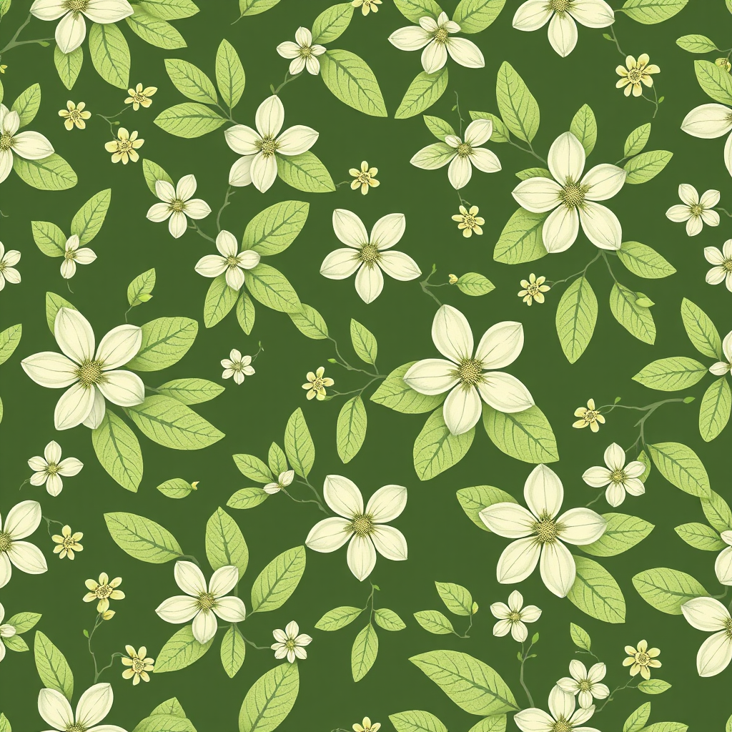 Create a seamless floral pattern featuring light green leaves and flowers on a dark green background, shot with a DSLR camera, 50mm lens, f/4 aperture, ISO 100, in natural lighting to enhance detail and texture.