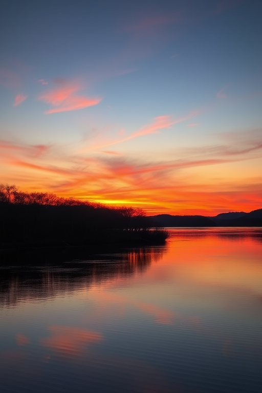 Generate a high-resolution image of a serene sunset landscape over a calm lake with vibrant colors reflecting on the water, captured with a Nikon D850 using a 24mm f/1.8 lens at f/8, ISO 100, shooting in HDR mode from a low angle.