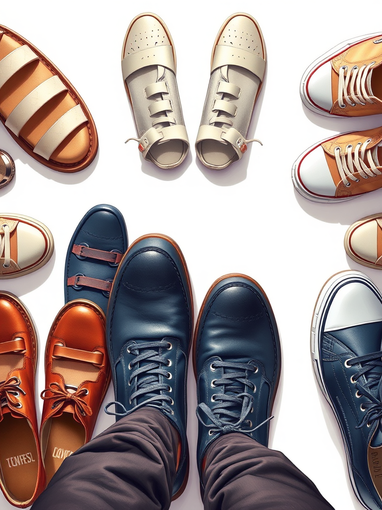 Create a high-resolution illustration of various shoe styles, including sandals, sneakers, and formal shoes, using a DSLR camera at f/4 aperture, 50mm lens, 1/125 shutter speed, natural lighting, top-down view, focus on details and textures.