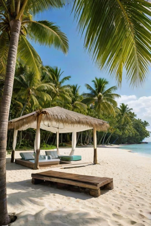 Create a picturesque tropical beach scene featuring a serene, white sandy shore. In the foreground, there's a rustic wooden canopy with white drapes gently flowing in the breeze. Underneath the canopy, a table is set with tropical decor, evoking a sense of relaxation and leisure. The beach extends into a calm, shallow water area with reflections of the sky and surroundings. Palm trees and lush greenery line the edge of the beach, providing a natural, tropical backdrop. The sky is clear with a few scattered clouds, and the overall atmosphere is tranquil and inviting, perfect for a peaceful retreat.