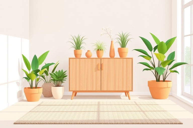 Create a minimalist illustration of a room featuring a modern cabinet, vibrant green plants in various pots, and a textured rug on the floor, captured in high-resolution with a 50mm lens at f/2.8, natural light, and a soft focus effect to enhance depth and warmth in the colors.