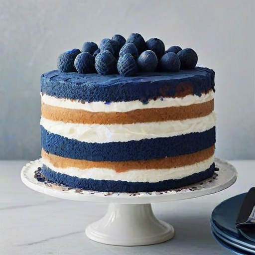Create an image of a layered cake with dark blue sponge layers and white frosting. The cake should be displayed on a white pedestal plate, with a slice cut out to reveal the blue layers and white filling. Ensure the setting is bright and inviting, highlighting the texture of the cake and frosting.