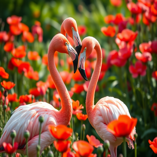 create an image of two flamingos facing each other in a lush garden filled with vibrant poppies, soft natural lighting, focus on the flamingos, shallow depth of field, using a DSLR camera with a 50mm lens at f/1.8, ISO 100, 1/250 sec, in a macro photography style