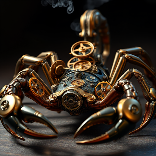 Create a high-intensity, high-resolution image of a steampunk scorpion, featuring intricate clockwork mechanisms and brass gears. The scorpion should have metallic limbs with elaborate jointed segments, showcasing a blend of Victorian-era aesthetics and futuristic technology. The body should be adorned with cogwheels, pistons, and small steam vents emitting a subtle mist, the front pinchers should up up and open. Capture the scene with dramatic lighting to emphasize the mechanical details, giving it a sense of motion and life