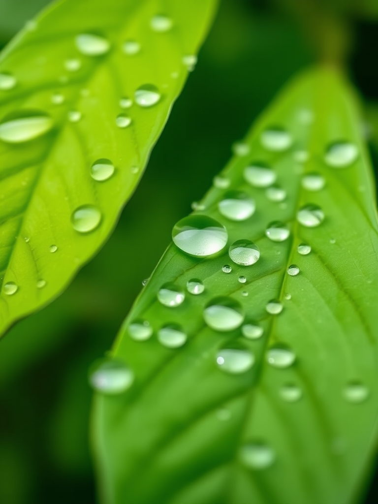 macro shot of green leaves adorned with water droplets, shallow depth of field, soft focus background, natural lighting, f/2.8 aperture, ISO 100, 50mm lens, taken from a top-down perspective with a DSLR camera