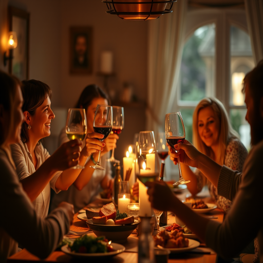Warmly lit image of a group of friends toasting with wine glasses around a dinner table, soft glow from candles casting warm shadows on their faces, the smell of roasted food and laughter filling the air.