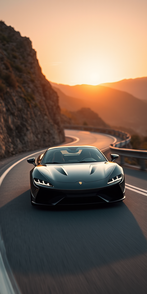 Create a high-resolution image of a sleek sports car in a dynamic driving pose on a winding mountain road during golden hour, using a DSLR camera with a 50mm lens, aperture set to f/1.8, ISO 200, shutter speed 1/500 sec, and a low-angle perspective to emphasize the car's design and speed.
