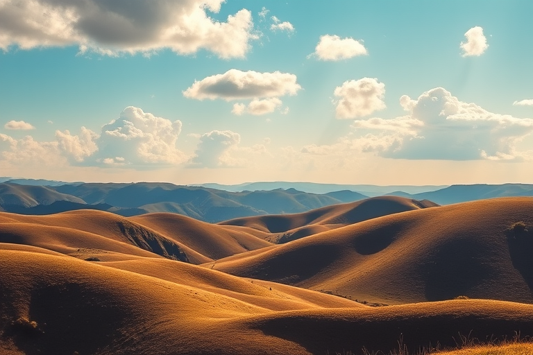 Create a high-resolution image of a serene landscape featuring rolling hills and a bright blue sky with fluffy clouds, using a Canon EOS R5 camera, 24mm lens, f/8 aperture, ISO 100, in natural light during golden hour for enhanced color vibrancy and sharpness.