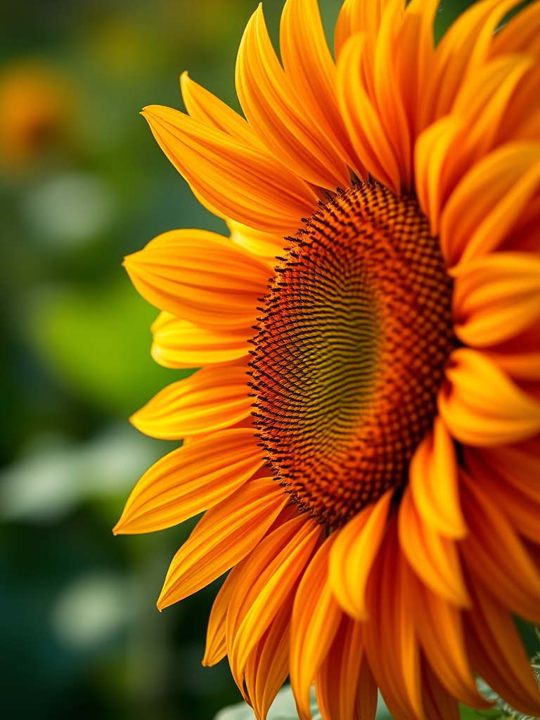 photograph a vibrant sunflower in full bloom with a blurred green background using a Canon EOS 5D Mark IV, aperture f/2.8, shutter speed 1/250 sec, ISO 100, macro view, natural light