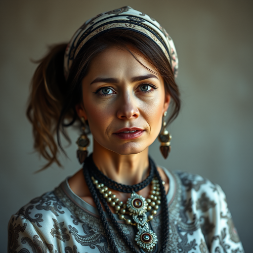 Create a portrait of a woman with intricate clothing and accessories, soft lighting, high resolution, 50mm lens, f/1.8 aperture, 1/125s shutter speed, shallow depth of field, shot from eye level, captured with a DSLR camera.
