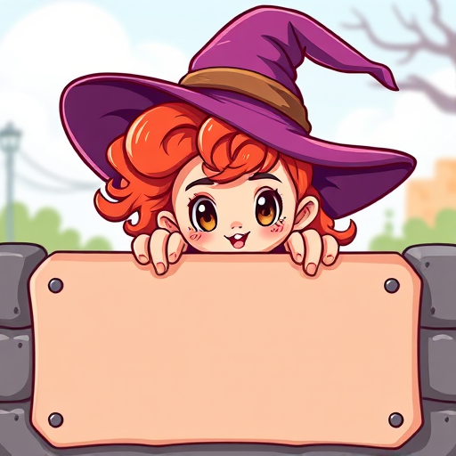Create a colorful cartoon illustration of a cute witch character with curly red hair and a pointed hat peeking over a blank, wide rectangular label, use a 50mm lens, aperture f/8, ISO 100, in a bright day setting, using a digital art style.