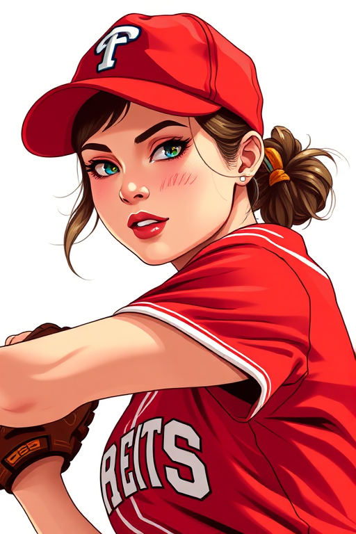 generate a high-resolution illustration of a female baseball player in a vintage style, wearing a red uniform and cap, in a dynamic pitching pose, captured with a Canon EOS R5, 85mm lens, f/1.8 aperture, natural lighting, with a focus on vibrant colors and sharp details.