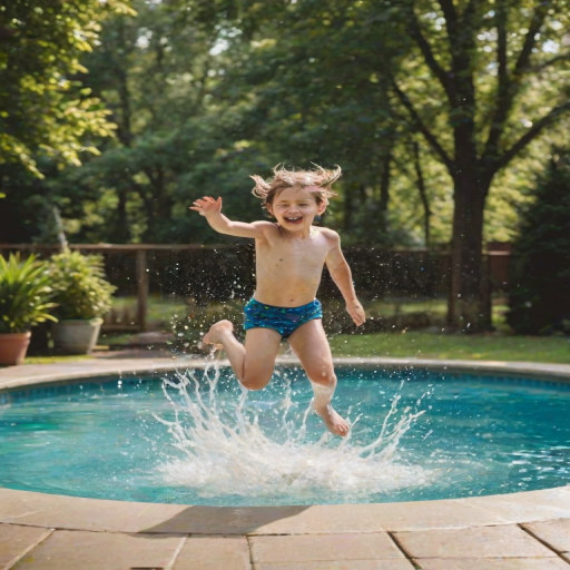 Blurry action shot of a child jumping into a swimming pool, water splashing in all directions, distant trees swaying gently, and the feeling of carefree summer fun.