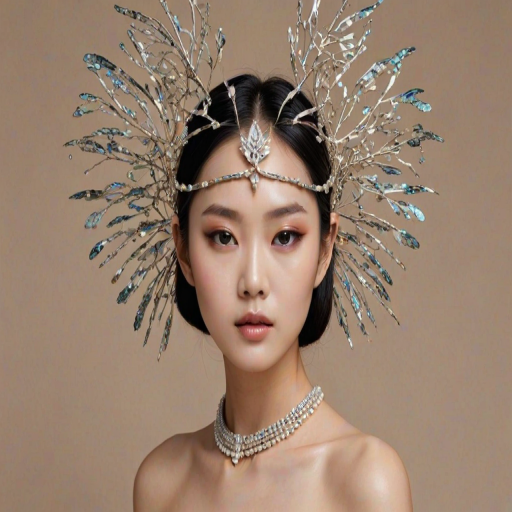 The image depicts a young korean woman with sleek, dark hair wearing an intricate and avant-garde headpiece. The headpiece is made of delicate, metallic structures resembling abstract butterfly wings or branches, framing her face with an artistic, futuristic flair. Her expression is soft yet confident, and her makeup emphasizes her eyes with long lashes and a subtle lip color, giving her a refined and elegant appearance. She also wears a pearl necklace, adding a touch of classic sophistication that contrasts with the modern, almost ethereal design of the headpiece