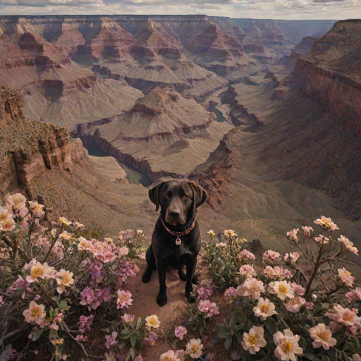 dark and unsettling dream showing in Grand Canyon, USA, Overhead View, sage and brown Labrador Retriever is esthetic, captivating spring bloom on the background , avatar of elements. magical surrealism, wizardry. best quality, high resolution (embedding:dw01-3400:0.8) <lora:F_QuinnXL:0.8>