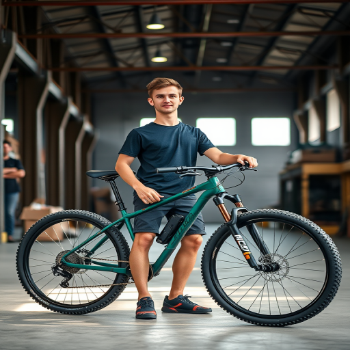 regenerate an image of a young man standing next to a mountain bike in a well-lit warehouse setting, wearing a plain black t-shirt and casual shorts, with a confident expression