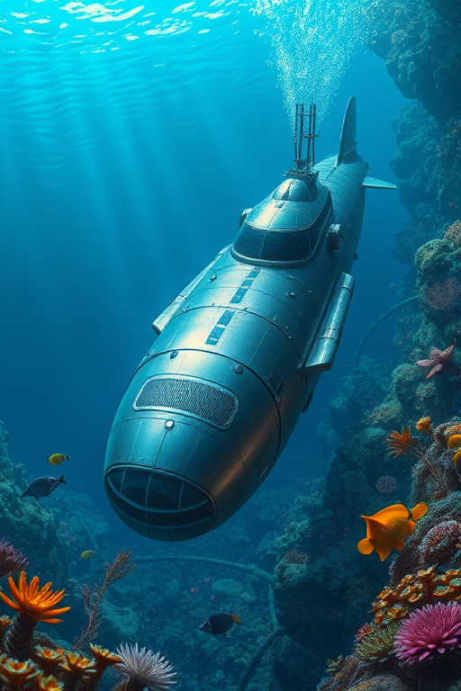 Create an illustration of a futuristic submarine exploring the ocean depths, with detailed metallic textures, vibrant underwater flora and fauna surrounding it, captured with a DSLR camera, 50mm lens, aperture f/2.8, ISO 100, shot from a low angle to accentuate the submarine's size against the deep blue background.