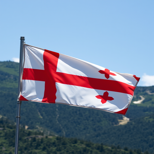 Generate an image of the flag of Georgia with vibrant colors and clear details, using a DSLR camera with a focal length of 50mm, aperture set to f/8, ISO 100, landscape view, and natural lighting.