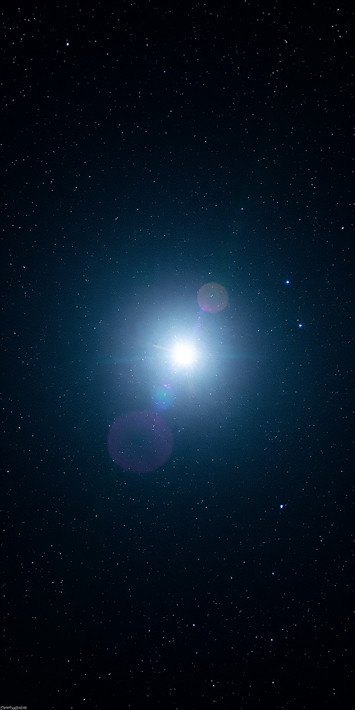 Create a vibrant image of a bright star in the center of a deep space scene filled with stars, using a wide-angle lens at f/2.8, ISO 800, exposure time 30 seconds, captured with a DSLR camera in a night sky panorama view.