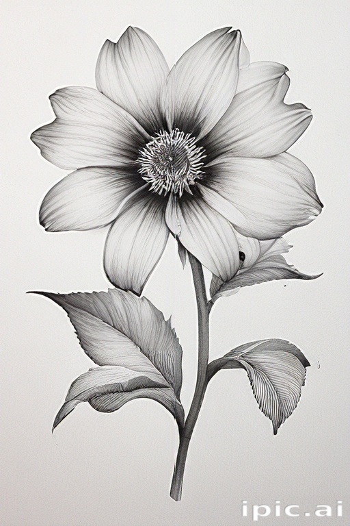 Intricate Black and White Illustration of a Beautiful Flower with Leaves