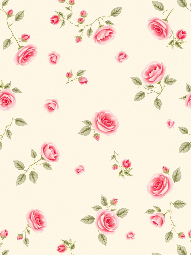 Create a seamless floral pattern with small pink roses and buds scattered on a light beige textured background. The design should have a delicate and vintage feel with a balanced arrangement of flowers and leaves.