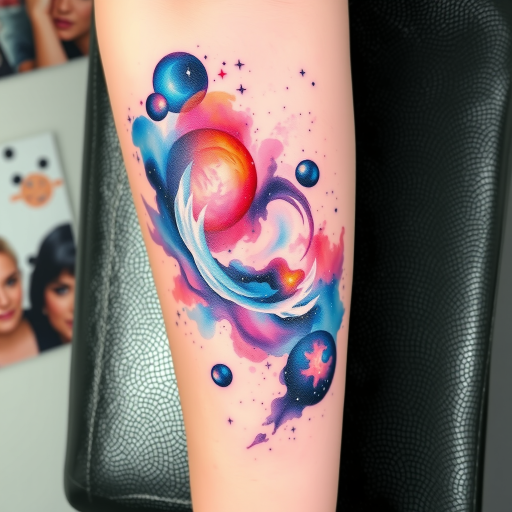 Cosmic watercolor galaxy tattoo dubbed "Nebula Dreams" depicting a vibrant space scene with swirling nebulae stars and planets blending seamlessly into the skin soft washes of color create depth and dimension while white ink highlights add a sparkling quality to the celestial design