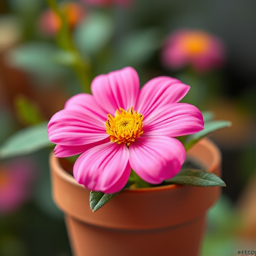 Create a vibrant illustration of a pink flower with a yellow center in a brown pot, using a Canon EOS R5 with a 50mm f/1.2 lens, set to f/2.8, ISO 100, and a shallow depth of field to enhance color contrast and sharpness.