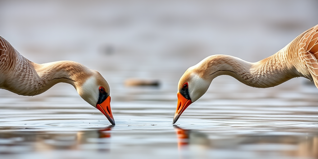 Three geese feeding in calm water, macro lens, f/4 aperture, 1/200 sec shutter speed, ISO 100, natural light, close-up shot, soft focus background, captured with a DSLR.
