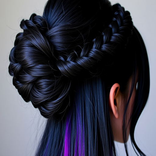 Dramatic jet black hair with hidden galaxy underlights, Cosmic Noir creation, revealing vibrant purples, blues, and silvers when styled in an updo or braids