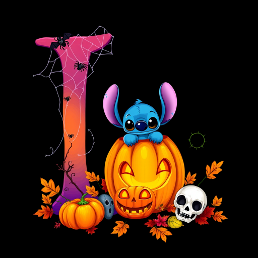A whimsical and vibrant Halloween-themed digital illustration featuring the letter "I" adorned with spider webs, small bats, and cute spiders. At the base of the letter, a playful alien character similar to Stitch is peeking out from inside a carved pumpkin with glowing eyes, surrounded by additional pumpkins, a small skull, and autumn leaves. The letter is gradient-colored from orange to purple, adding a magical atmosphere to the scene, black background