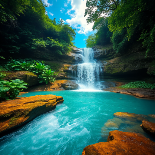 generate a high-resolution image of a cascading waterfall surrounded by lush greenery and clear blue water with a vibrant sky, using a DSLR camera, 24mm lens, aperture f/8, shutter speed 1/4 sec, ISO 100, with a wide-angle view to capture the expansive scenery and enhance the colors and details.