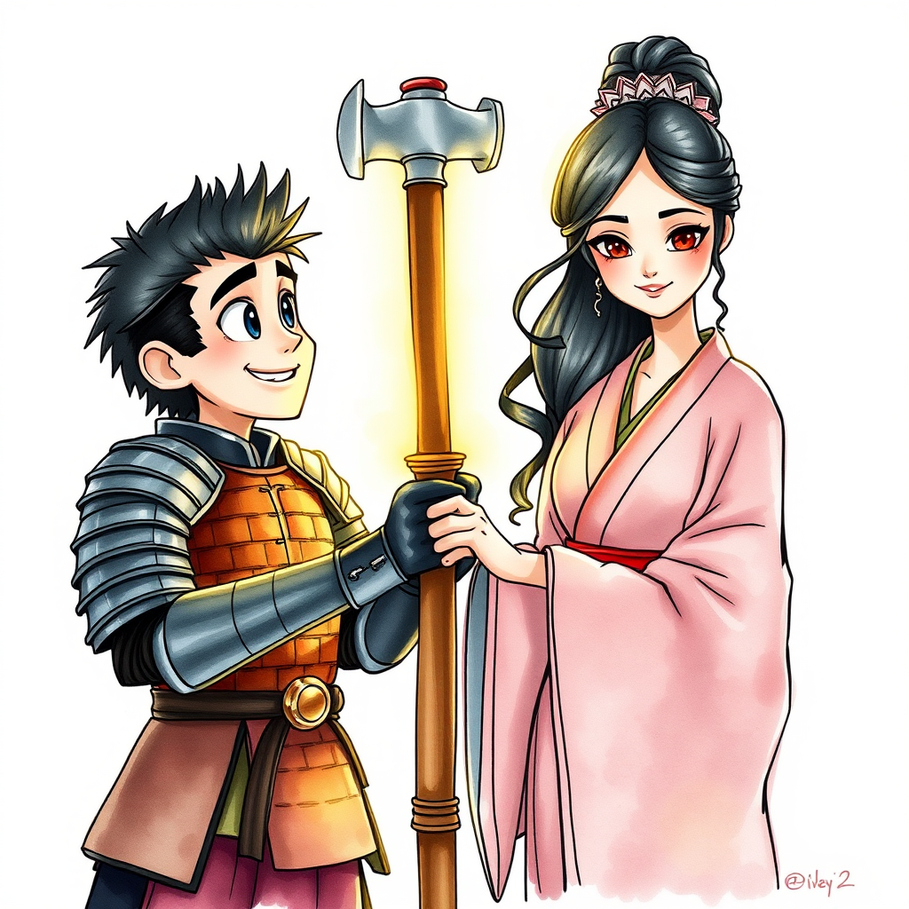A watercolor and ink-painted, detailed line drawing of a young samurai in armor with black hair, clean-shaven, big eyes, and a large smile, standing next to a beautiful woman in a kimono. Both are holding the shaft of a warhammer together, with the head of the warhammer now adjusted to the proper size. They are the same height and look at each other with affection. The samurai is glowing with a yellowish aura, radiating warmth. The scene has a whimsical, adventurous feel in a Disney-Pixar aesthetic, with soft watercolor tones, intricate ink details, and a magical, cinematic atmosphere
